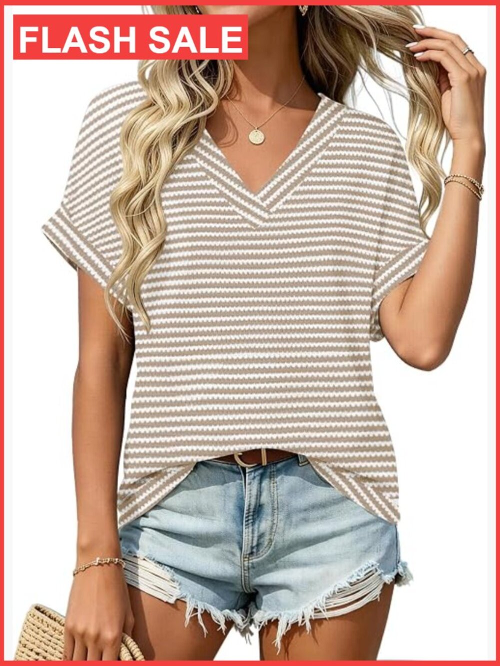 Womens Short Sleeve Waffle Tunic Top V Neck Casual Beach Cover Up